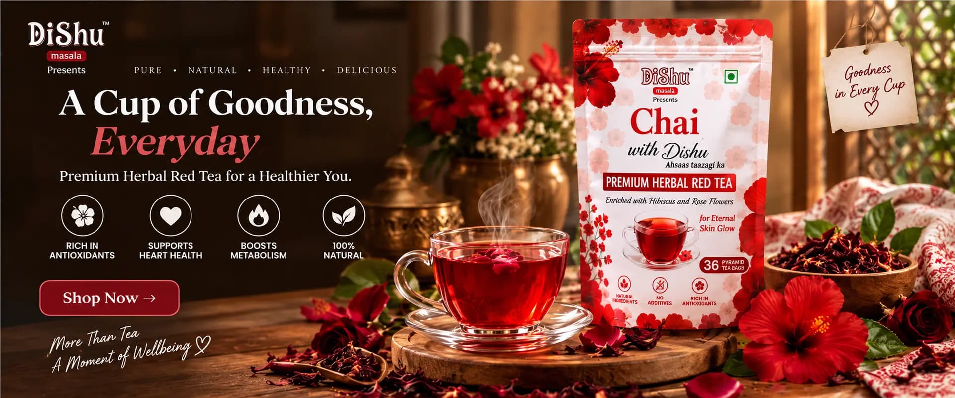 A Cup of Goodness, Everyday — Dishu Premium Herbal Red Tea with a cup of hibiscus tea