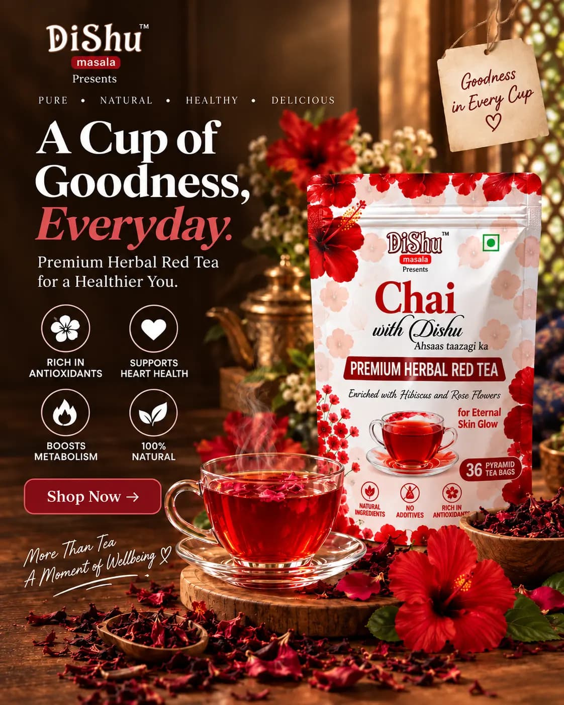 A Cup of Goodness, Everyday — Dishu Premium Herbal Red Tea with a cup of hibiscus tea