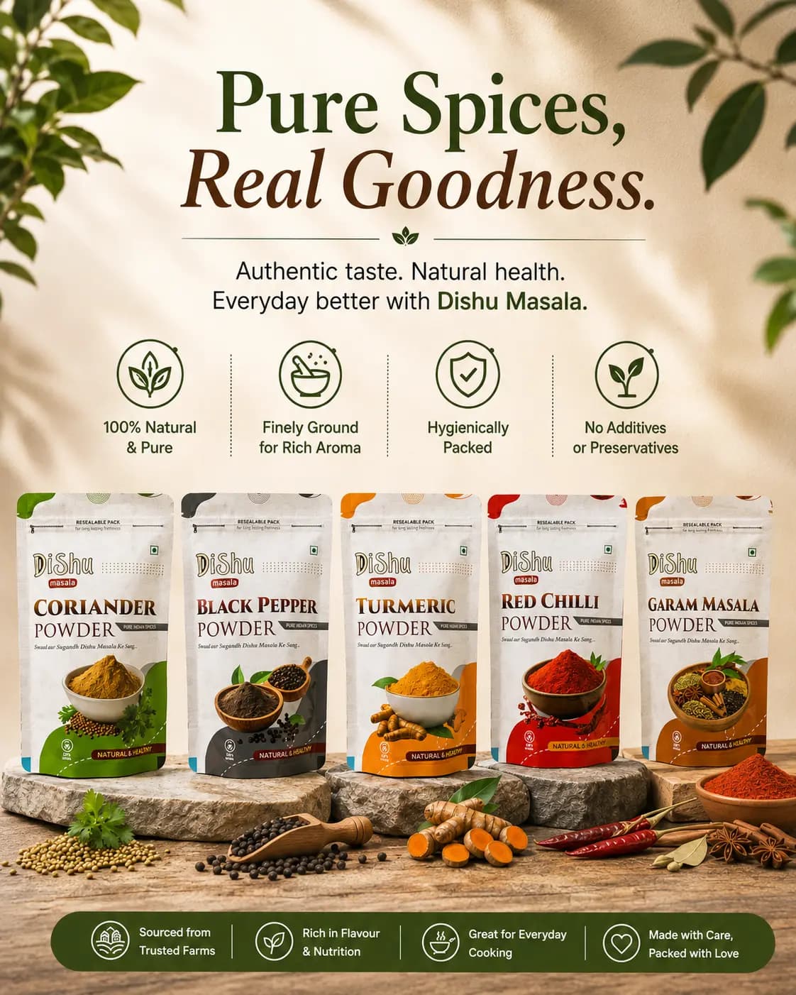 Pure Spices, Real Goodness — Dishu Masala coriander, black pepper, turmeric, red chilli and garam masala powder, 100% natural, hygienically packed