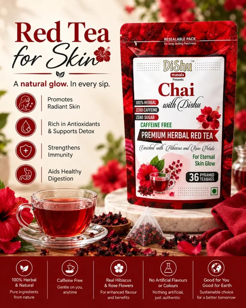 Red Tea for Skin — Dishu Premium Herbal Red Tea, brewed cup with hibiscus flowers, real hibiscus and rose flowers, caffeine-free